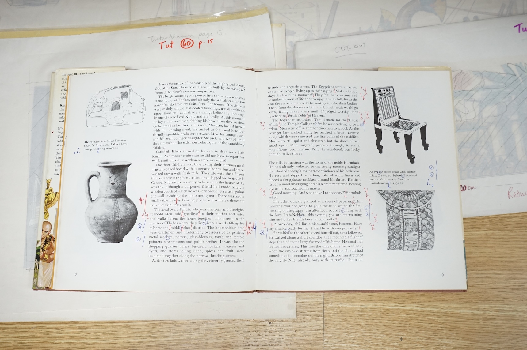 Angus McBride (1931-2007), five illustrations from 'One day in Tutankhamun's Egypt' to include Processions, Pyramid building and Studies of Pharoahs, watercolour and gouaches, largest 38 x 80cm, unframed, together with t